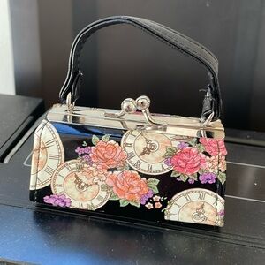 Black Floral Clock-Print Mini Handbag